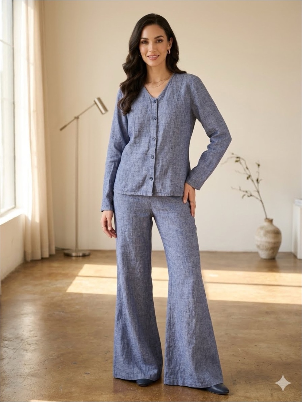 FLAX Dainty Cardigan Linen Textured Button Chambray Lagenlook Resortwear Top S